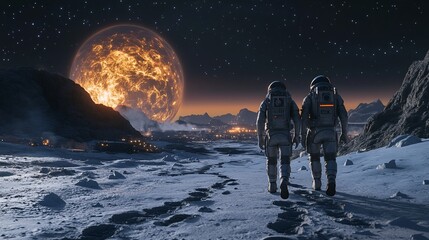 Poster - Two astronauts walking on a snowy landscape with a giant planet in the sky.