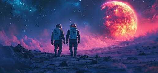 Poster - Two astronauts walking on a surreal landscape under a vibrant moon.