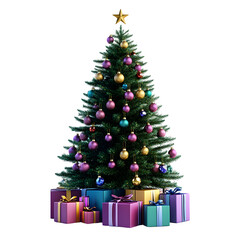 Aufkleber - 3d rendering of christmas tree with colorful ornaments and gift boxes, isolated on transparent background