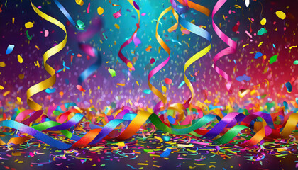 Felicitacion de fiestas de cumpleaños con una explosion de confeti y serpentinas de colores