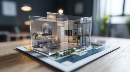 Aufkleber - A detailed virtual model of a modern real estate property sits on a wooden table.