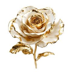 Poster - Elegant white rose with golden edges and leaves blooming on a transparent background, perfect for luxury and romantic designs