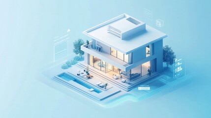 Poster - A contemporary house features sleek lines and spacious interiors emphasized by digital elements.