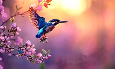 Fototapete - kingfisher with flowers on nature background