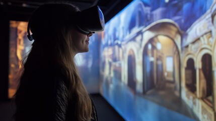 Aufkleber - A person wearing a virtual reality headset is engaged in exploring a simulated real estate environment within a modern gallery. Colorful visuals surround the individual, enhancing the experience.