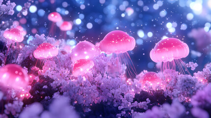 Poster - A vibrant underwater scene featuring glowing pink jellyfish amidst a backdrop of shimmering bubbles and soft coral