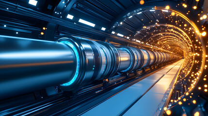 Aufkleber - A futuristic tunnel with metallic pipes and glowing lights, suggesting advanced technology and energy flow