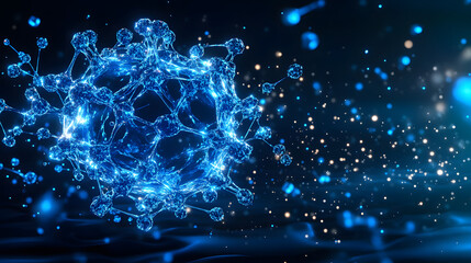 Poster - A digital illustration of a blue virus structure surrounded by glowing particles, representing microscopic life and scientific exploration