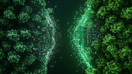 Leinwandbilder - A digital artwork depicting two lush green structures with sparkling particles, evoking a sense of growth and technology in a dark background