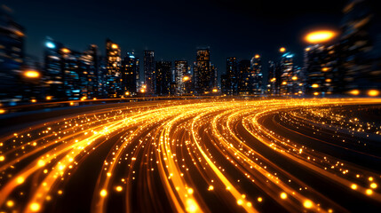 Poster - A vibrant cityscape at night, showcasing glowing light trails that create a dynamic sense of motion amidst towering skyscrapers
