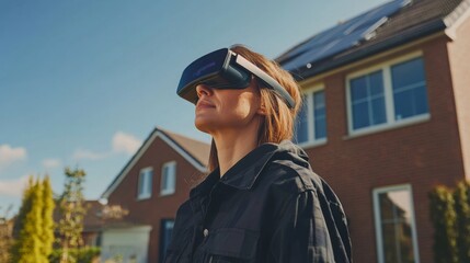 Aufkleber - A woman experiences virtual reality technology to evaluate real estate options outdoors in a suburban neighborhood.