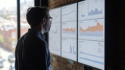 Aufkleber - A person is intently observing multiple data visualizations displayed on screens. The graphs showcase real estate market trends and analytics, reflecting dynamic fluctuations in property values.