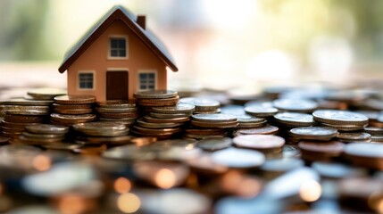 Aufkleber - A small model house stands prominently on a pile of shiny coins, symbolizing the intersection of real estate and investment opportunities. The background suggests a vibrant financial environment.