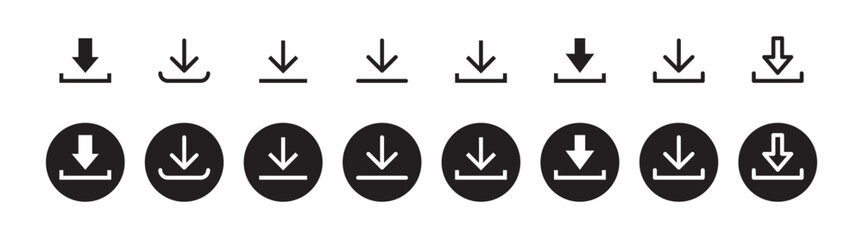 Wall Mural - Download icon symbol. Round sign down arrow. Download icon for apps, websites interface.