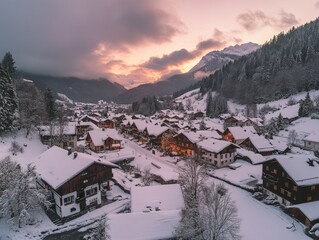 Wall Mural - small town in snow near forest