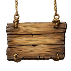 Poster - Single wooden sign suspended from rope, on clear background, providing versatile rustic design element