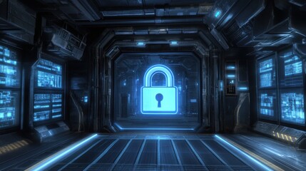 Aufkleber - Futuristic Security Room with Digital Lock Icon and Advanced Technology Interface in a High-Tech Environment for Cybersecurity and Data Protection Concepts