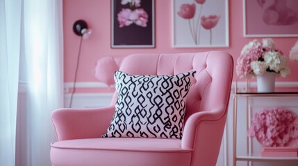 Canvas Print - Pink Chair with Black White Pillow