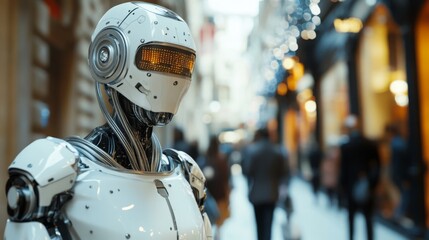 Poster - A futuristic ai robot stands in a lively shopping area, attracting curious passersby.