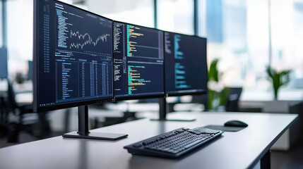 Poster - Modern workspace with multiple monitors displaying data and graphs, showcasing professional environment for data analysis and programming