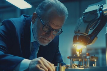 Aufkleber - Focused Senior Engineer Analyzing Precision Measurement Equipment with Robotic Arm in High-Tech Industrial Setting