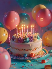 Sticker - Birthday Cake with Candles and Balloons