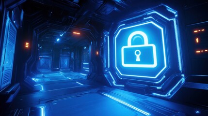 Poster - Futuristic Sci-Fi Corridor with Neon Blue Lock Symbol Illuminating Walls in a High-Tech Environment Ideal for Themes of Security, Technology, and Innovation