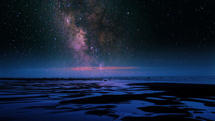 hd galaxy wallpaper for desktop, blue ocean with rock under a starry night sky, 3d illustration of u