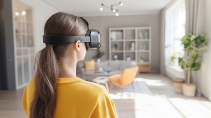 Aufkleber - A woman wearing a virtual reality headset stands in a beautifully designed room. The sunlight filters in, highlighting the stylish furniture and decor.
