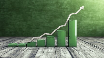Fototapete - A green bar chart illustrates real estate market trends, showcasing steady growth over time. The upward trend is highlighted by a white arrow, symbolizing positive economic indicators.