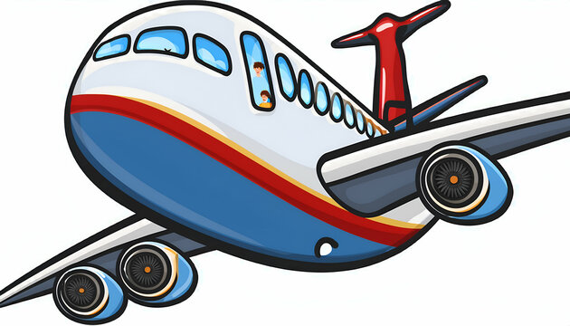 Vector airplane with happy passengers on white background