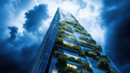Aufkleber - Modern Skyscraper with Vertical Garden under Dramatic Cloudy Sky, Showcasing Sustainable Architecture and Organic Design in Urban Environment