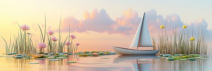 Wall Mural - a serene landscape with a sailboat amidst water lilies and blooming flowers at sunset.