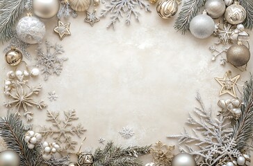 Wall Mural - A soft beige background with scattered Christmas decorations, including snowflakes and silver ornaments