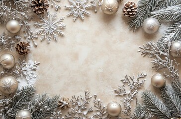 Wall Mural - A soft beige background with scattered Christmas decorations, including snowflakes and silver ornaments