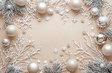 Wall Mural - A soft beige background with scattered Christmas decorations, including snowflakes and silver ornaments