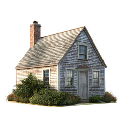 Poster - Old, weathered wooden cottage with brick chimney and lush vegetation, isolated on a transparent background - perfect for architectural renderings and compositions