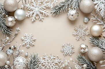 Wall Mural - A soft beige background with scattered Christmas decorations, including snowflakes and silver ornaments