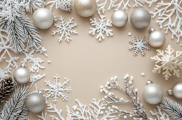Wall Mural - A soft beige background with scattered Christmas decorations, including snowflakes and silver ornaments