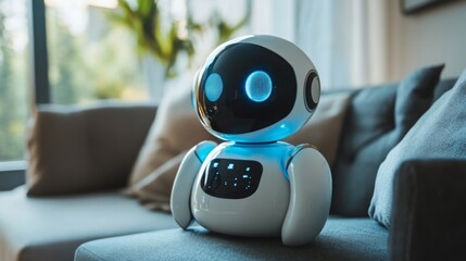 Aufkleber - A futuristic AI robot sits on a stylish gray sofa in a well-lit living room, showcasing advanced technology.