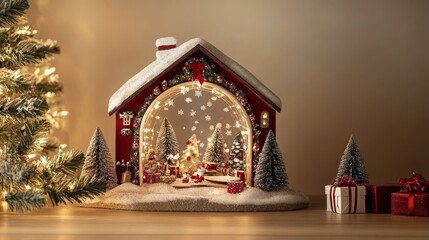 Wall Mural - A charming Christmas village nestled in snow, complete with twinkling lights, a delicate snow globe, and colorful presents waiting to be unwrapped.