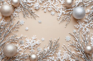 Wall Mural - A soft beige background with scattered Christmas decorations, including snowflakes and silver ornaments