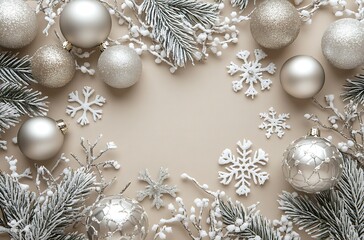Wall Mural - A soft beige background with scattered Christmas decorations, including snowflakes and silver ornaments