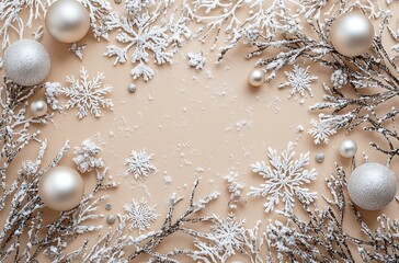 Wall Mural - A soft beige background with scattered Christmas decorations, including snowflakes and silver ornaments