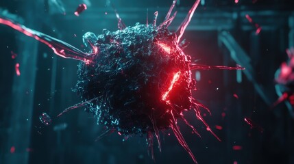 Fototapete - Abstract representation of a glowing, dynamic sphere with vibrant red and blue highlights, showcasing energy and motion in a futuristic, digital environment