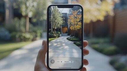 Poster - A person holds a smartphone showcasing a detailed view of a modern real estate property. The inviting pathway is framed by lush greenery and colorful trees, reflecting a serene outdoor atmosphere.