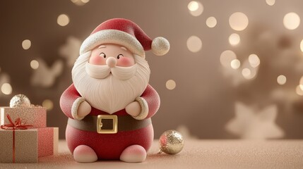 Wall Mural - A cheerful Santa Claus figurine grins beside a beautifully wrapped gift box, embodying the joyous spirit of Christmas and the excitement of giving.