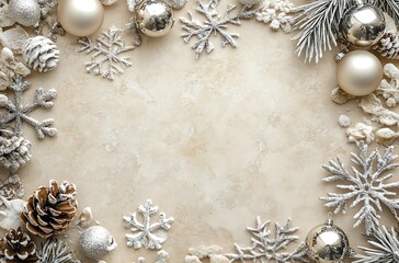 Wall Mural - A soft beige background with scattered Christmas decorations, including snowflakes and silver ornaments