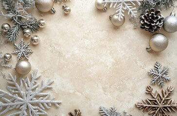 Wall Mural - A soft beige background with scattered Christmas decorations, including snowflakes and silver ornaments