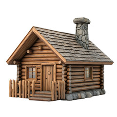 Poster - Rustic wooden cabin with a stone chimney, ideal for a cozy mountain retreat, set against a transparent background